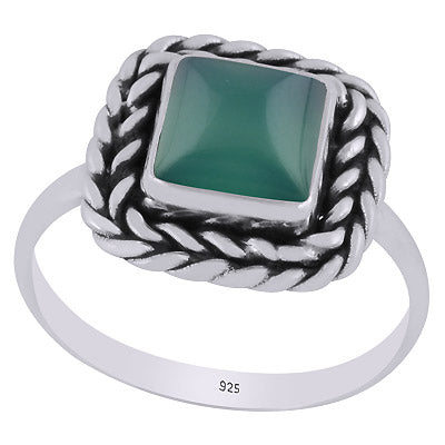 Beautifully Handcrafted Twisted Wire Work Around Green Onyx Square Shape 925 Sterling Solid Silver Ring - R3403392-8