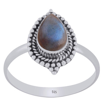 Alluring Handcrafted Work Around Labradorite Pear Shape 925 Sterling Solid Silver Ring - R3403401-5