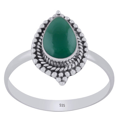 Alluring Handcrafted Work Around Green Onyx Pear Shape 925 Sterling Solid Silver Ring - R3403401-8