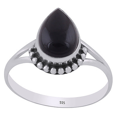 Alluring Rawa Work Around Black Onyx Pear Shape 925 Sterling Solid Silver Ring - R3403409-14
