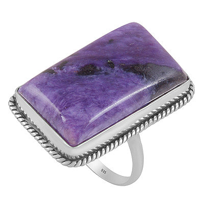 Beautiful Twisted Wire Work Around Charoite Rectangle Shape 925 Sterling Solid Silver Ring - R3403420-21