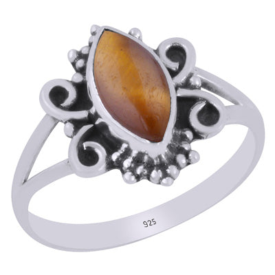 Beautiful Wire & Rawa Work Around Tiger's Eye Marquise Shape 925 Sterling Solid Silver Ring - R3403425-11