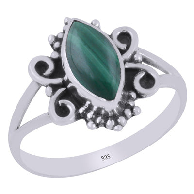 Beautiful Wire & Rawa Work Around Malachite Marquise Shape 925 Sterling Solid Silver Ring - R3403425-12