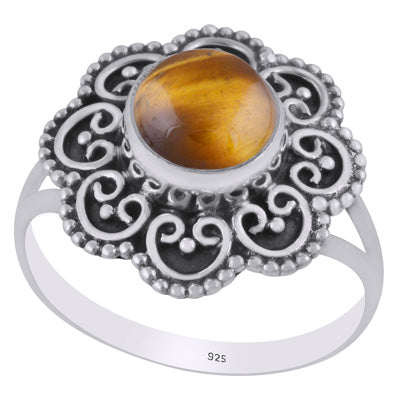 Magnificent Flower Handcrafted Around Tiger's Eye Round Shape 925 Sterling Solid Silver Ring - R3403445-11