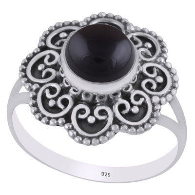 Magnificent Flower Handcrafted Around Black Onyx Round Shape 925 Sterling Solid Silver Ring - R3403445-14