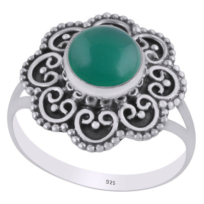 Magnificent Flower Handcrafted Around Green Onyx Round Shape 925 Sterling Solid Silver Ring - R3403445-8