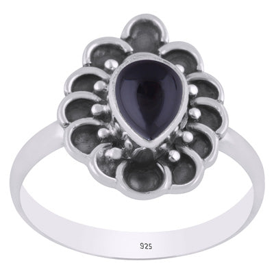Stunning Handcrafted Work Around Black Onyx Pear Shape 925 Sterling Solid Silver Ring - R3403450-14