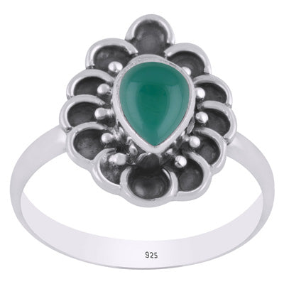 Stunning Handcrafted Work Around Green Onyx Pear Shape 925 Sterling Solid Silver Ring - R3403450-8