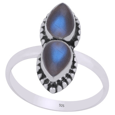 Beautiful Multiple Gemstone w/ rawa work Around Labradorite Pear Shape 925 Sterling Solid Silver Ring - R3403452-5