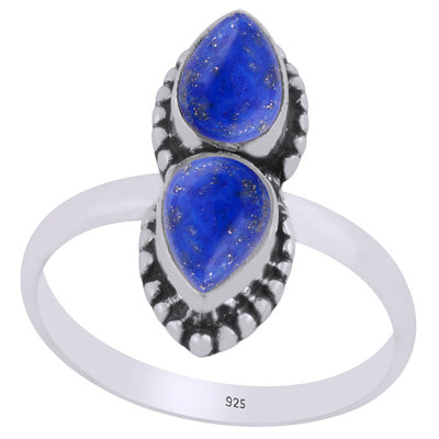Beautiful Multiple Gemstone w/ rawa work Around Lapis Pear Shape 925 Sterling Solid Silver Ring - R3403452-6