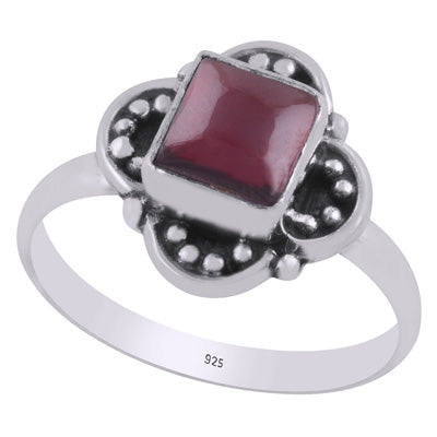 Beautiful Oxidised w/ arawa Work Around Garnet Square Shape 925 Sterling Solid Silver Ring - R3403455-2
