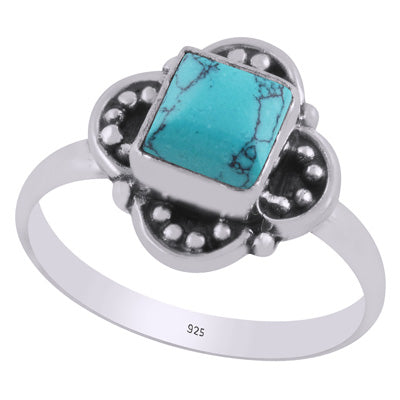 Beautiful Oxidised w/ arawa Work Around Turquoise Square Shape 925 Sterling Solid Silver Ring - R3403455-3