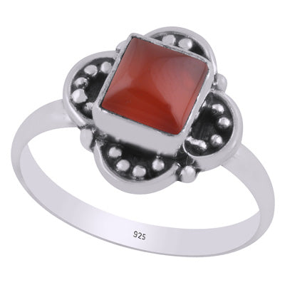 Beautiful Oxidised w/ arawa Work Around Carnelian Square Shape 925 Sterling Solid Silver Ring - R3403455-7