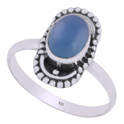 Alluring Handcrafted Oxidised Design Around Blue Chalcedony Oval Shape 925 Sterling Solid Silver Ring - R3403456-9