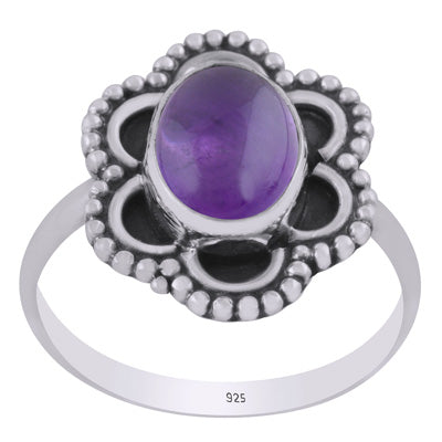 Stunning oxidised w/ rawa work around Amethyst Oval Shape 925 Sterling Solid Silver Ring - R3403463-1