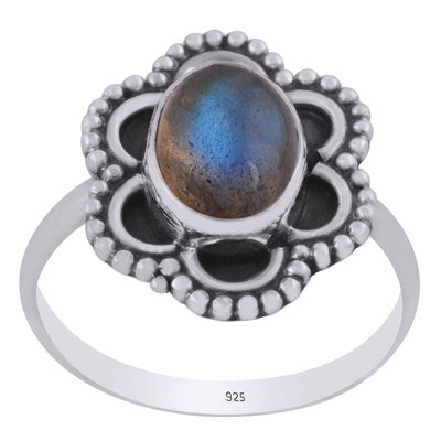 Stunning oxidised w/ rawa work around Labradorite Oval Shape 925 Sterling Solid Silver Ring - R3403463-5