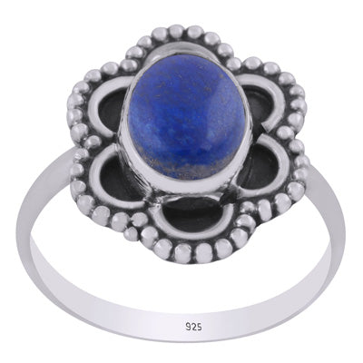 Stunning oxidised w/ rawa work around Lapis Oval Shape 925 Sterling Solid Silver Ring - R3403463-6