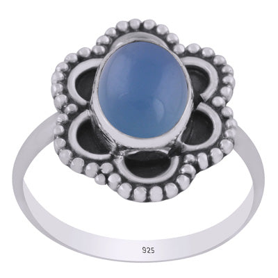 Stunning oxidised w/ rawa work around Blue Chalcedony Oval Shape 925 Sterling Solid Silver Ring - R3403463-9