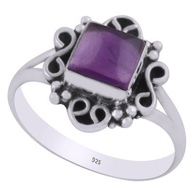 Beautiful oxidised w/ rawa & wire work around Amethyst Square Shape 925 Sterling Solid Silver Ring - R3403465-1