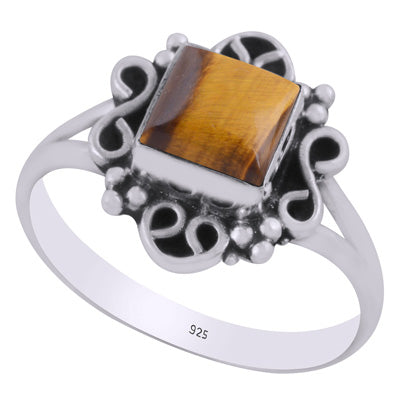 Beautiful oxidised w/ rawa & wire work around Tiger's Eye Square Shape 925 Sterling Solid Silver Ring - R3403465-11
