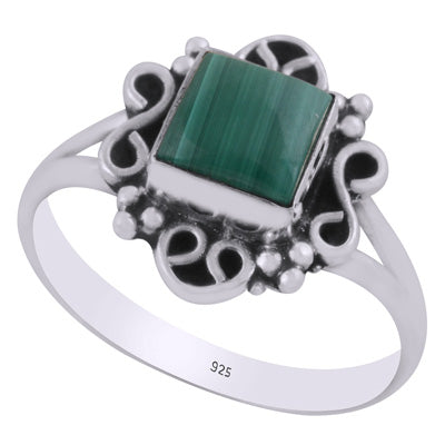 Beautiful oxidised w/ rawa & wire work around Malachite Square Shape 925 Sterling Solid Silver Ring - R3403465-12