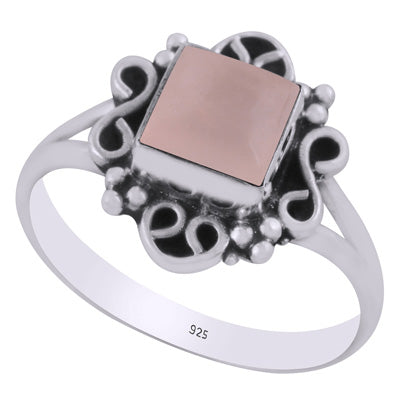 Beautiful oxidised w/ rawa & wire work around Rose Quartz Square Shape 925 Sterling Solid Silver Ring - R3403465-13