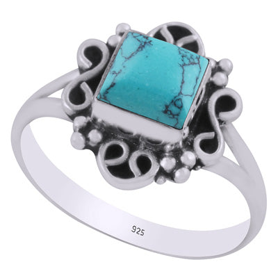 Beautiful oxidised w/ rawa & wire work around Turquoise Square Shape 925 Sterling Solid Silver Ring - R3403465-3
