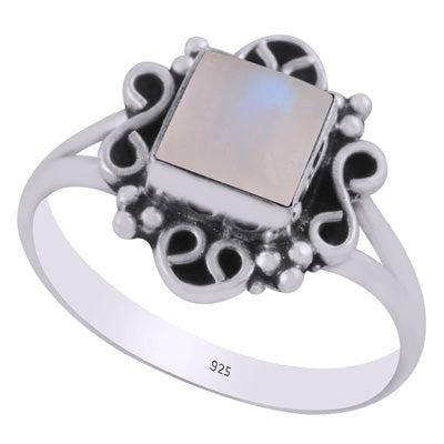 Beautiful oxidised w/ rawa & wire work around Rainbow Moonstone Square Shape 925 Sterling Solid Silver Ring - R3403465-4