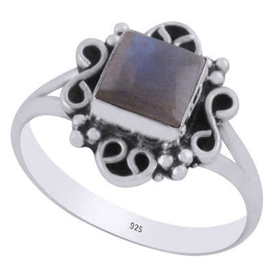 Beautiful oxidised w/ rawa & wire work around Labradorite Square Shape 925 Sterling Solid Silver Ring - R3403465-5