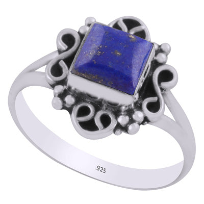 Beautiful oxidised w/ rawa & wire work around Lapis Square Shape 925 Sterling Solid Silver Ring - R3403465-6