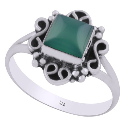Beautiful oxidised w/ rawa & wire work around Green Onyx Square Shape 925 Sterling Solid Silver Ring - R3403465-8