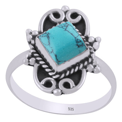 Gorgeous oxidised w/ rawa & wire work around Turquoise Rhombus Shape 925 Sterling Solid Silver Ring - R3403466-3