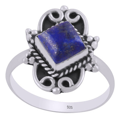 Gorgeous oxidised w/ rawa & wire work around Lapis Rhombus Shape 925 Sterling Solid Silver Ring - R3403466-6