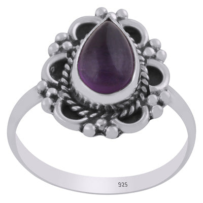 Gorgeous Oxidised Handcrafted Work Around Amethyst Pear Shape 925 Sterling Solid Silver Ring - R3403468-1