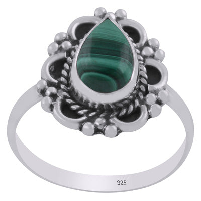 Gorgeous Oxidised Handcrafted Work Around Malachite Pear Shape 925 Sterling Solid Silver Ring - R3403468-12
