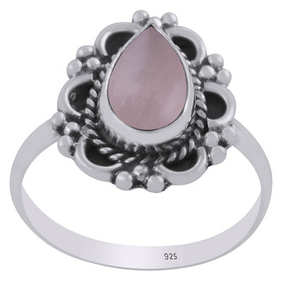 Gorgeous Oxidised Handcrafted Work Around Rose Quartz Pear Shape 925 Sterling Solid Silver Ring - R3403468-13