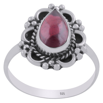 Gorgeous Oxidised Handcrafted Work Around Garnet Pear Shape 925 Sterling Solid Silver Ring - R3403468-2
