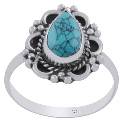 Gorgeous Oxidised Handcrafted Work Around Turquoise Pear Shape 925 Sterling Solid Silver Ring - R3403468-3