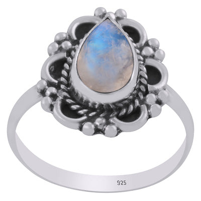 Gorgeous Oxidised Handcrafted Work Around Rainbow Moonstone Pear Shape 925 Sterling Solid Silver Ring - R3403468-4