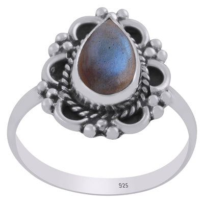 Gorgeous Oxidised Handcrafted Work Around Labradorite Pear Shape 925 Sterling Solid Silver Ring - R3403468-5