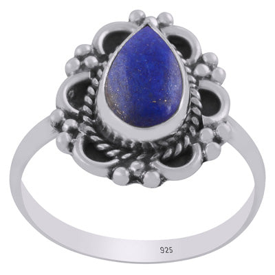 Gorgeous Oxidised Handcrafted Work Around Lapis Pear Shape 925 Sterling Solid Silver Ring - R3403468-6
