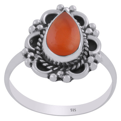 Gorgeous Oxidised Handcrafted Work Around Carnelian Pear Shape 925 Sterling Solid Silver Ring - R3403468-7