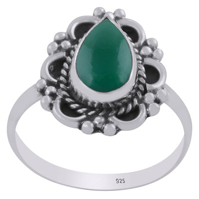 Gorgeous Oxidised Handcrafted Work Around Green Onyx Pear Shape 925 Sterling Solid Silver Ring - R3403468-8