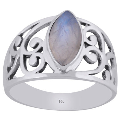Stunning Oxidised Handcrafted Jali Work Around Rainbow Moonstone Marquise Shape 925 Sterling Solid Silver Ring - R3403491-4