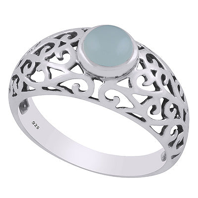 Alluring Handcrafted Jali Work Around Aqua Chalcedony Round Shape 925 Sterling Solid Silver Ring - R3403499-10