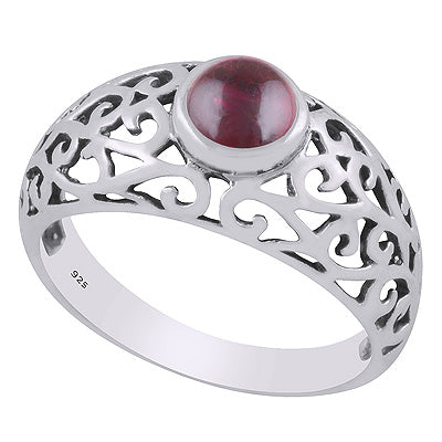 Alluring Handcrafted Jali Work Around Garnet Round Shape 925 Sterling Solid Silver Ring - R3403499-2