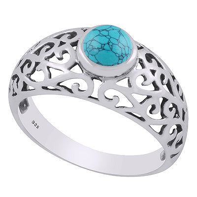 Alluring Handcrafted Jali Work Around Turquoise Round Shape 925 Sterling Solid Silver Ring - R3403499-3