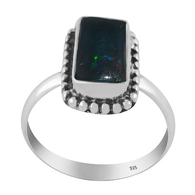 Classic Rawa Work Around Ethiopian Black Opal Rectangle Shape 925 Sterling Solid Silver Ring - R3403504-20