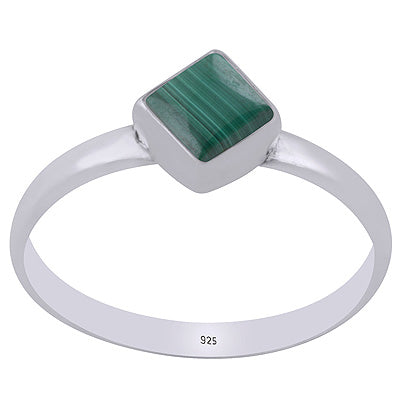 Plain Collet Natural Malachite Rhombus Shape 925 Sterling Solid Silver Ring - R3403529-12