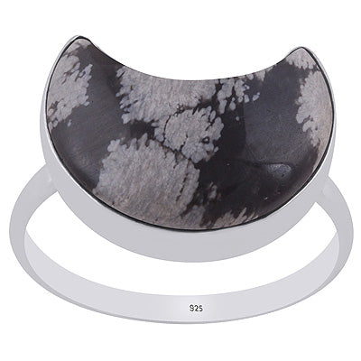 Alluring Crescent Gemstone Snowflake Obsidian Moon Shape 925 Sterling Solid Silver Ring - R3403530-15
